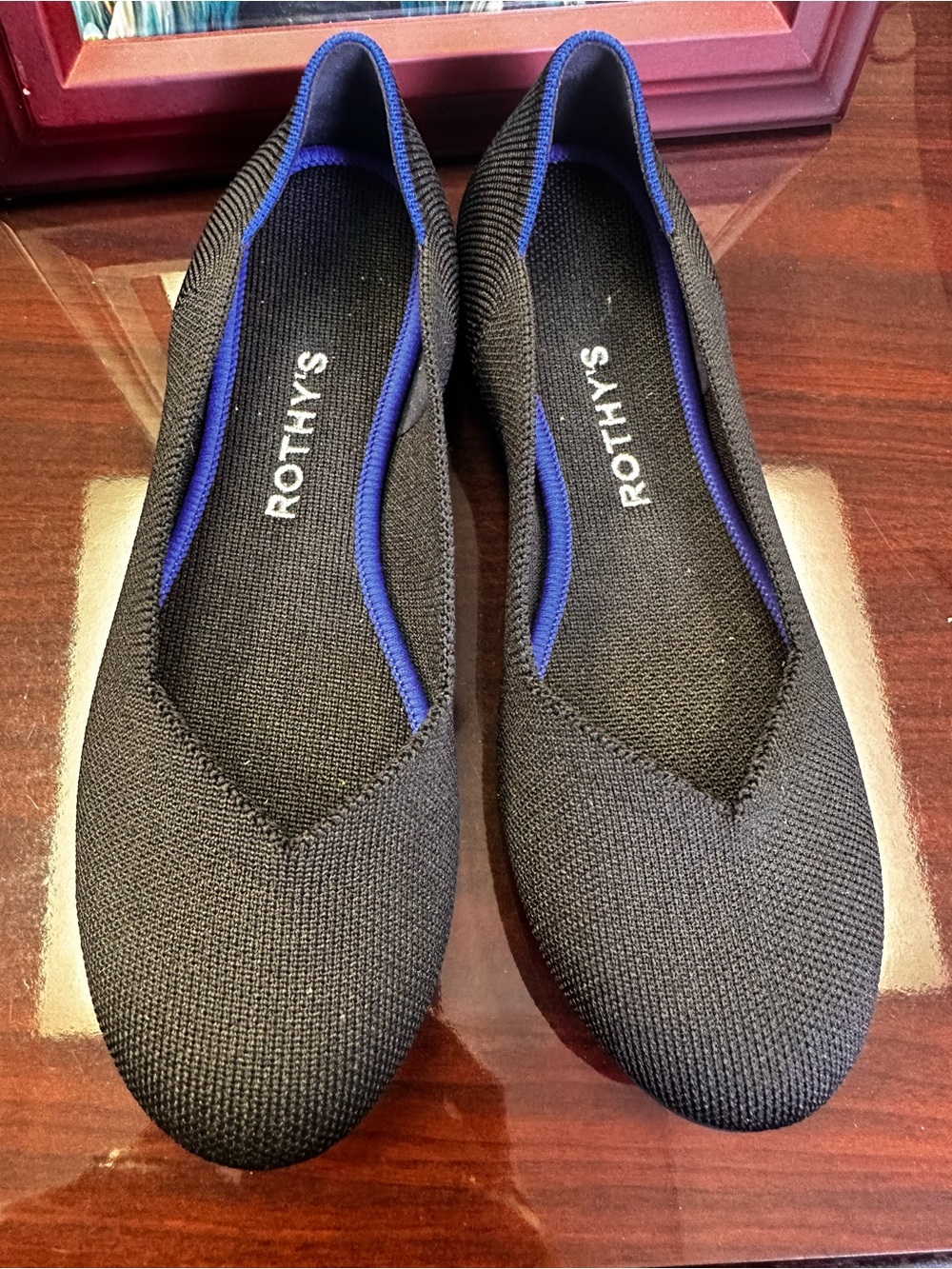 Rothy's Black Knit Slip-On Loafers with Blue Trim